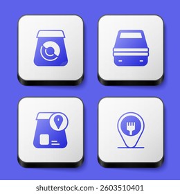 Set Online ordering food, Lunch box,  and Cafe and restaurant location icon. White square button. Vector