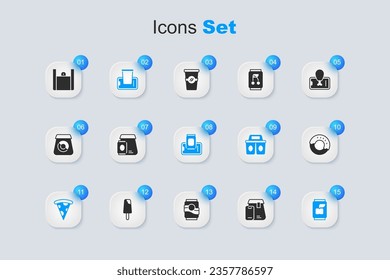 Set Online ordering food, Food on mobile, Slice of pizza, Soda can, Donut,  and  icon. Vector