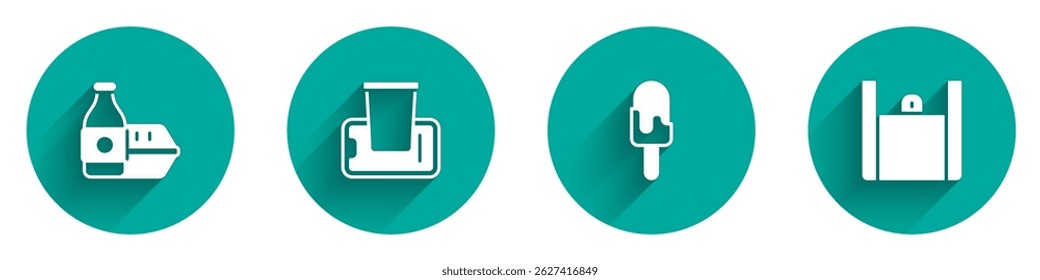Set Pedir comida on-line, Comida no celular, Sorvete e ícone com sombra longa. Vetor
