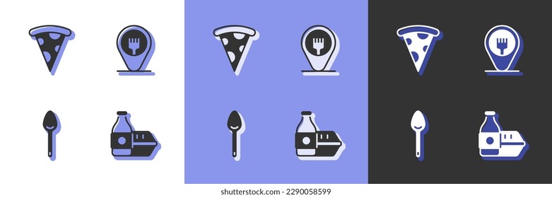 Set Online ordering food, Slice of pizza, Spoon and Cafe and restaurant location icon. Vector