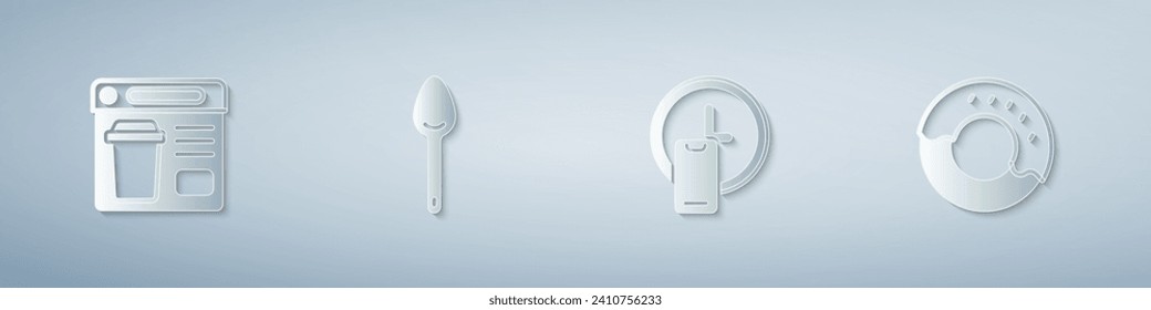 Set Online ordering food, Spoon, Round the clock delivery and Donut. Paper art style. Vector