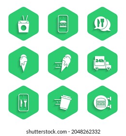 Ajuste en línea el pedido de helados, taza de café para ir, entrega de hamburguesas, rápida en auto, y, hielo, ubicación del restaurante Cafe e e icono de palillos de fideos asiáticos. Vector