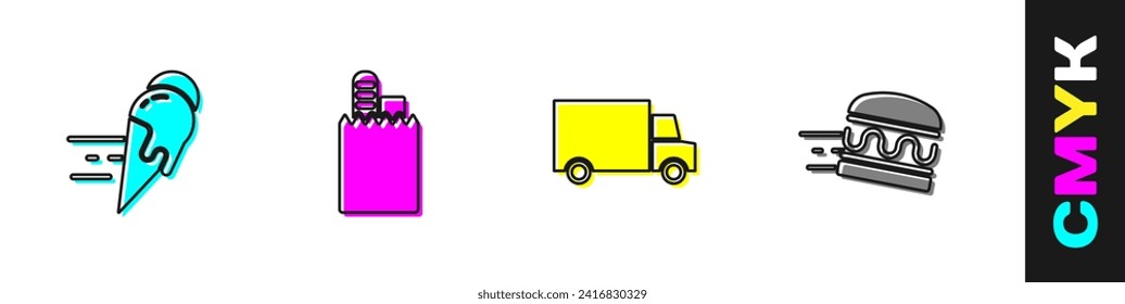 Ajuste en línea el pedido de helados y entrega, rápido en el coche y el icono de hamburguesa. Vector
