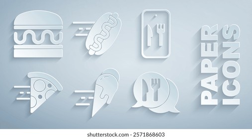 Set Online ordering ice cream, and delivery, pizza, Cafe restaurant location, hotdog and Burger icon. Vector