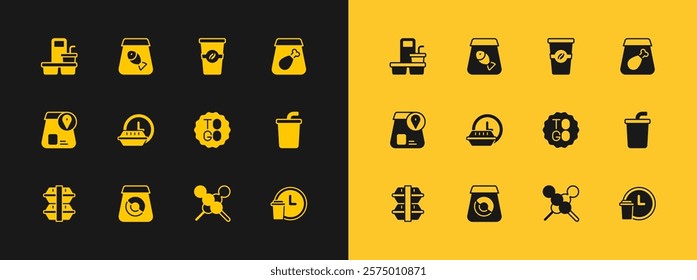 Set Online ordering meal, food, Coffee cup to go, Meatballs on wooden stick, Round the clock delivery,  and fish icon. Vector