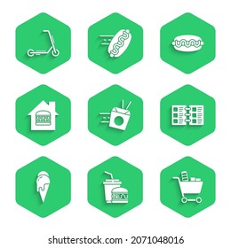 Set Online ordering noodles delivery, Paper glass and burger, Shopping cart food, Restaurant cafe menu, Ice cream, Hotdog sandwich and Scooter icon. Vector
