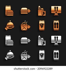 Online Bestellung von Nudeln Lieferung, und, Food Pizza, überdeckt mit Futter und Burger Icon. Vektorgrafik