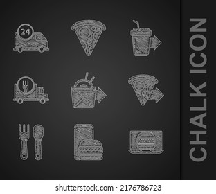 Set Online ordering noodles delivery, and, burger, pizza, Fork spoon, Fast by car, Coffee cup to go and  icon. Vector