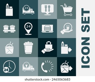 Set Online ordering noodles delivery, and, Cafe restaurant location, Round the clock, Coffee cup to go, Shopping bag food and burger icon. Vector