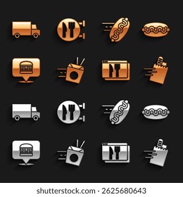 Set Online ordering noodles delivery, Hotdog sandwich, burger, hotdog, Fast by car and Cafe restaurant location icon. Vector