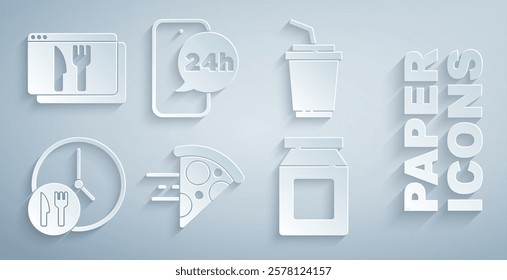 Set Online ordering pizza delivery, Paper glass with water, Round the clock, and, Food and  icon. Vector