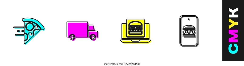 Set Pedidos en línea de entrega de pizza, rápido en coche, hamburguesa e icono. Vector