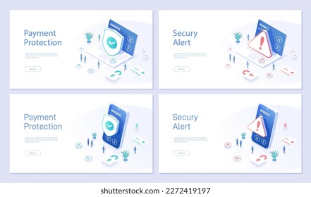 Set online payment landing page template. Successful and unsuccessful payment. Risk of fraud, refusal of financial transaction. Can be used for web banners. Isometric modern vector illustration.