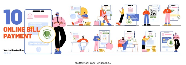 Set of online payment scenes isolated on white background. Vector illustration of flat characters shopping, booking, ordering and paying for goods or services from computer, gadget, mobile banking app