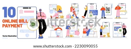 Set of online payment scenes isolated on white background. Vector illustration of flat characters shopping, booking, ordering and paying for goods or services from computer, gadget, mobile banking app