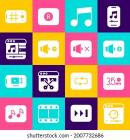Set Online play video, Audio jack, Speaker volume, Music note, tone, mute, player, Selfie mobile and icon. Vector