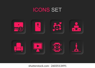 Set Online play video, Backstage, Cinema auditorium with screen, No cell phone, Actor star, Movie trophy, Romantic movie and chair icon. Vector