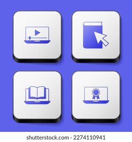 Poner en línea video, libro, clase y educación con icono de diploma. Botón cuadrado blanco. Vector