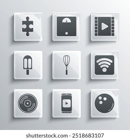Set Online play video, Bowling ball, Wi-Fi wireless internet network, Kitchen whisk, Vinyl disk, Ice cream, Piece of puzzle and Play Video icon. Vector