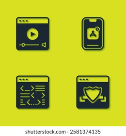 Set Online play video, Browser with shield, Software and Mobile Apps icon. Vector