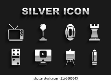 Set Online play video, Business strategy, Pencil with eraser, Easel or painting art boards, Domino, American Football ball, Retro tv and Joystick for arcade machine icon. Vector
