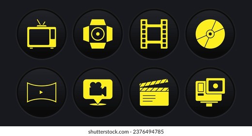 Configure el vídeo de reproducción en línea, disco de CD o DVD, cámara y ubicación, equipo de grabación de películas, reproducción de vídeo, reflector, cámara extrema de acción e icono de retro tv. Vector