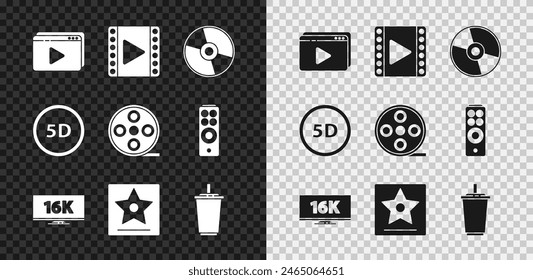 Set Online play video, Play Video, CD or DVD disk, Screen tv with 16k, Hollywood walk of fame star, Paper glass water, 5d virtual reality and Film reel icon. Vector