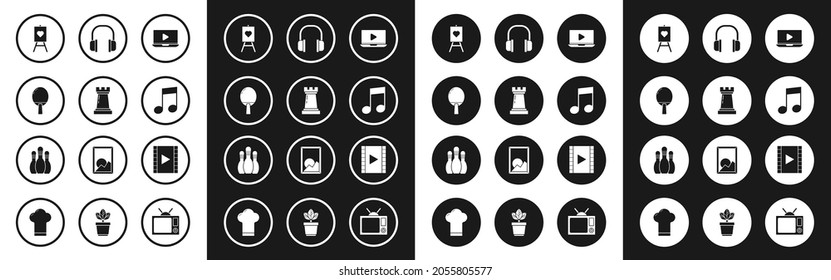 Set Online play video, Chess symbol, Racket for playing table tennis, Wood easel painting art boards, Music note, tone, Headphones, Play Video and Bowling pin icon. Vector