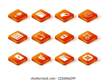 Set Online play video, Cinema camera, Sound mixer controller, Retro tv, Movie clapper, Paper glass with water, spotlight and Play Video icon. Vector