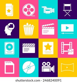 Set Online play video, Play Video, Cinema camera, Popcorn box, Head with, ticket and Movie clapper icon. Vector