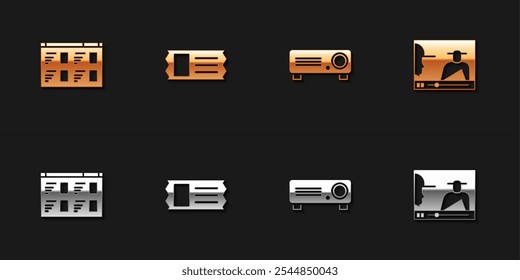 Set Online play video, Cinema ticket, Movie, film, media projector and  icon. Vector