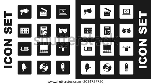 Set Online play video, Cinema poster, Megaphone,\
Comedy and tragedy masks, Movie clapper, Limousine car carpet and\
ticket icon. Vector