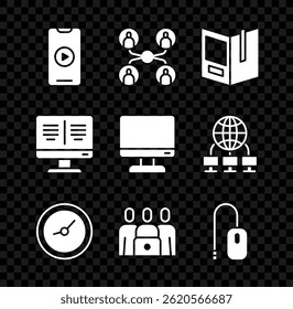 Set Online play video, class, Open book, Clock, Computer mouse, on monitor and screen icon. Vector