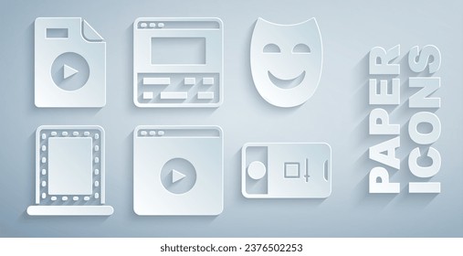 Set Online play video, Comedy theatrical mask, Makeup mirror with lights, Photo and shooting, Video recorder on laptop and AVI file document icon. Vector