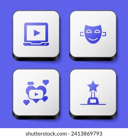 Set Online play video, máscara teatral de la comedia, película romántica e icono de trofeo de película. Botón cuadrado blanco. Vector