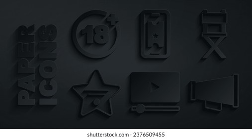 Set Online play video, Director movie chair, Walk of fame star, Megaphone, Buy cinema ticket online and Plus 18 icon. Vector svg