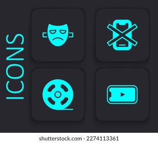 Set Online play video, Drama theatrical mask, No cell phone and Film reel icon. Black square button. Vector