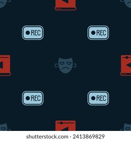 Set Online play video, Drama theatrical mask and Record button on seamless pattern. Vector