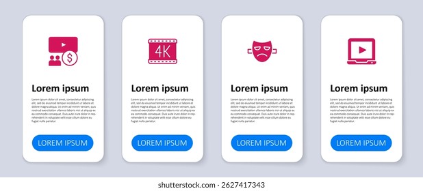 Set Online play video, Drama theatrical mask, 4k movie and Cinema auditorium with screen. Business infographic template. Vector