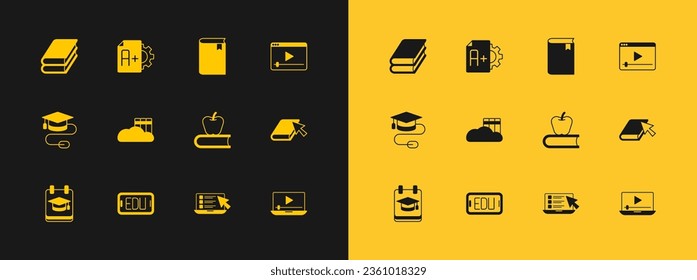 Set Online play video, education, Book with apple, quiz, test, survey, Cloud or online library,  and Exam sheet A plus grade icon. Vector