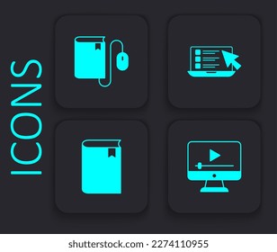 Set Online play video, Electronic book with mouse, quiz, test, survey and Book icon. Black square button. Vector