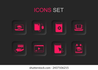 Juego en línea video, libro electrónico con el ratón, tapa de graduación portátil, clase, educación, audio y libro icono de donación. Vector