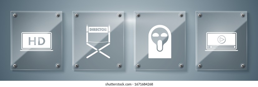 Set Online play video , Funny and scary ghost mask, Director movie chair  and Laptop screen with HD video technology . Square glass panels. Vector