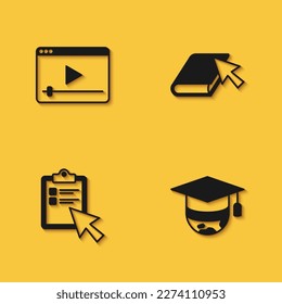 Set Online play video, Graduation cap on globe, quiz, test, survey and book icon with long shadow. Vector