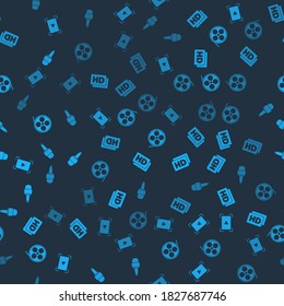 Configure el vídeo de reproducción en línea, la película Hd, la cinta, el marco, el carrete de película y el micrófono en un patrón sin problemas. Vector.