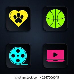 Set Online play video, Heart with animals footprint, Film reel and Basketball ball. Black square button. Vector