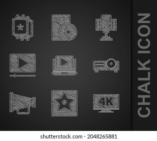 Set Online play video, Hollywood walk of fame star, Screen tv with 4k, Movie, film, media projector, Megaphone, Director movie chair and Cinema ticket icon. Vector