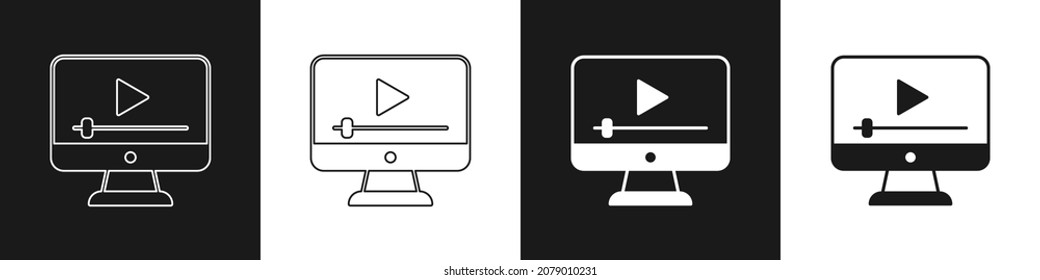 Establece el icono de reproducción en línea de vídeo aislado en fondo blanco y negro. Tira de película con signo de juego.  Vector