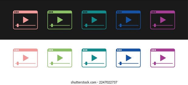 Set Online play video icon isolated on black and white background. Film strip with play sign.  Vector