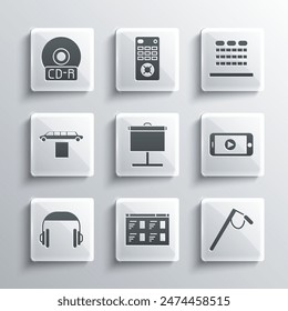 Set Online play video, Microphone, Projection screen, Headphones, Limousine car and carpet, CD or DVD disk and Cinema auditorium with seats icon. Vector